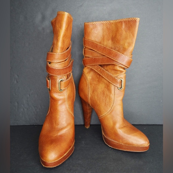Frye Women's Size 6M Harlow Multi Strap Stiletto Boots Cognac All Leather - Picture 5 of 10